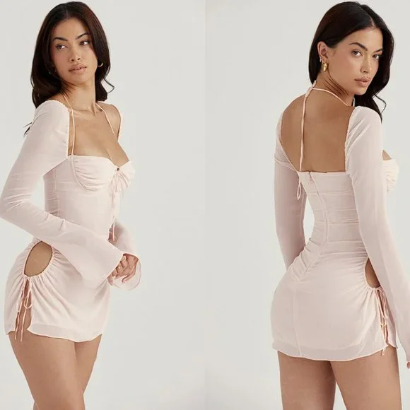 HOUSE OF CB 'Baby' Pink Quartz Chiffon Cutout Halter Mini Dress NWOT